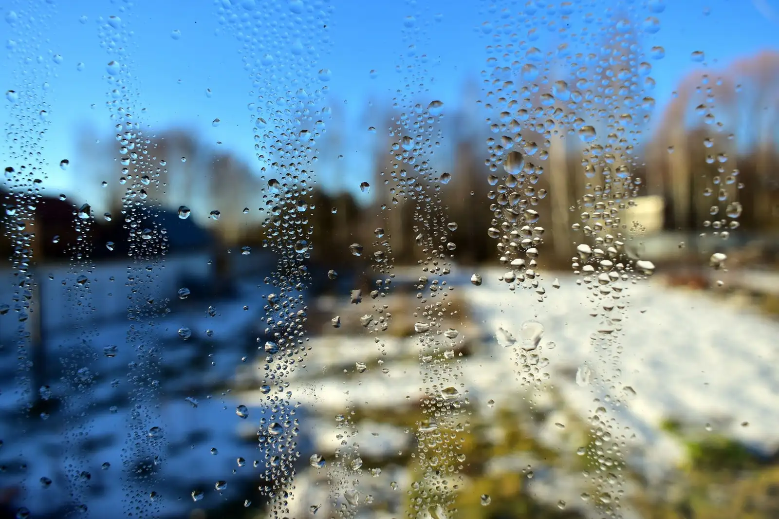 A window with water droplets overlooking a snowy winter landscape under a clear blue sky.